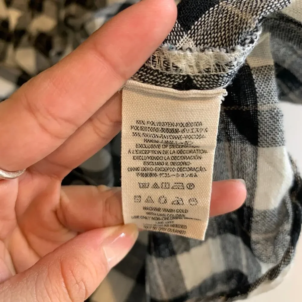 Free People Shirt Womens M Medium Black White Plaid Lace Up Shoulder Snap Button